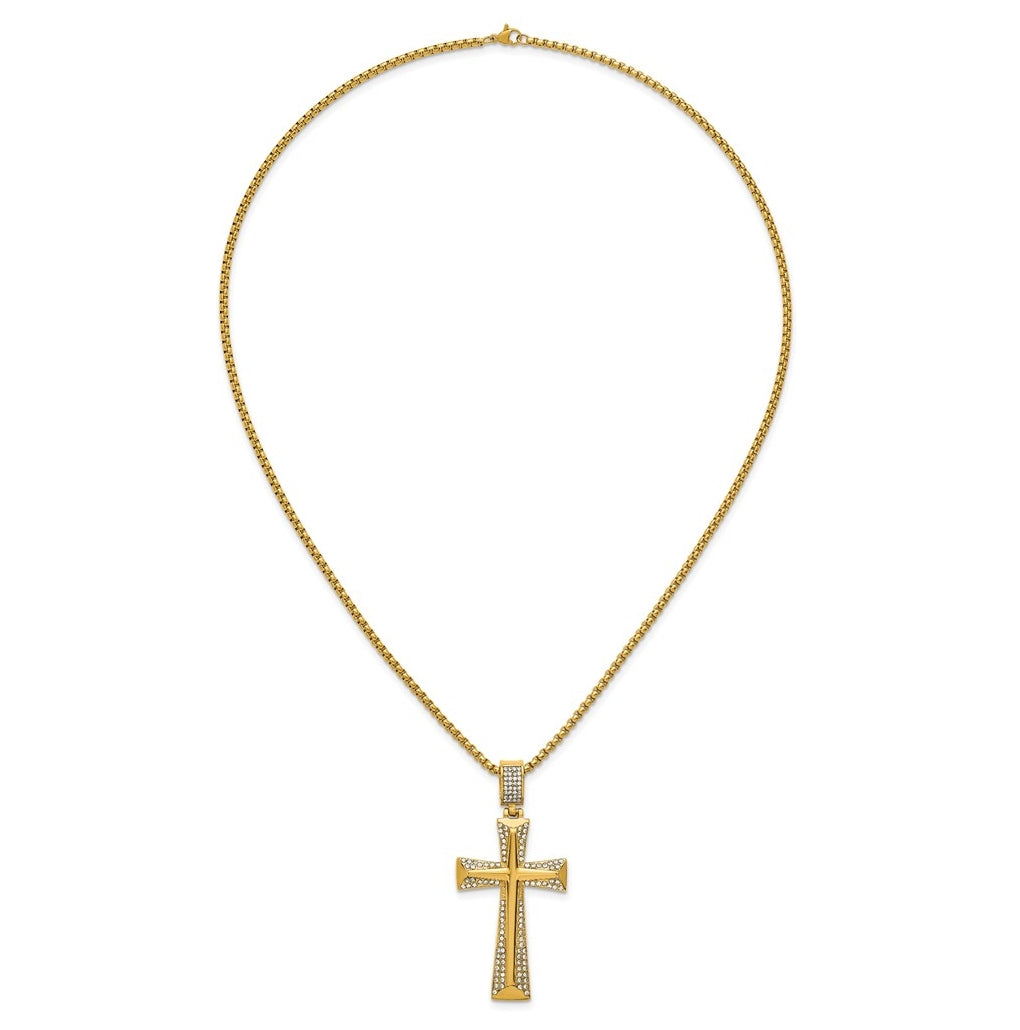Stainless Steel Polished Yellow IP-plated Crystal  Cross 24in Necklace – Elegant Jewelry Gift for Birthday, Anniversary, Engagement, Wedding