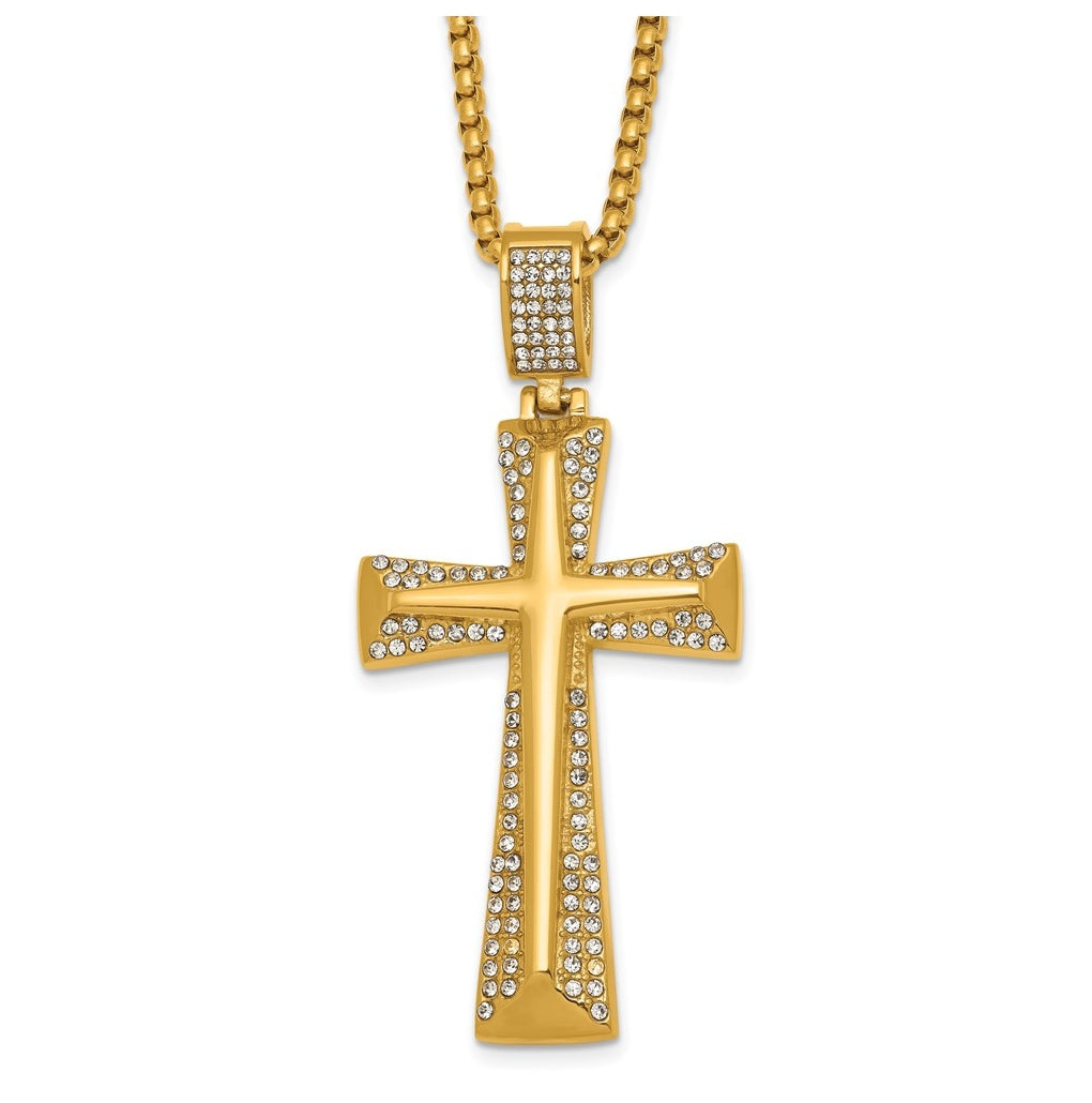 Stainless Steel Polished Yellow IP-plated Crystal  Cross 24in Necklace – Elegant Jewelry Gift for Birthday, Anniversary, Engagement, Wedding