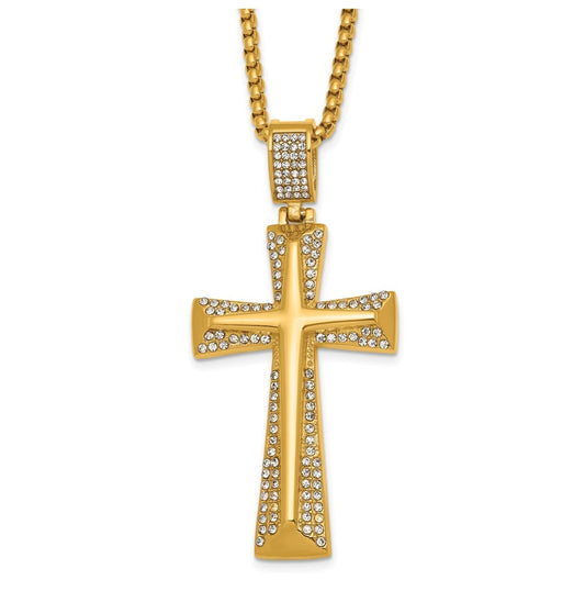 Stainless Steel Polished Yellow IP-plated Crystal  Cross 24in Necklace – Elegant Jewelry Gift for Birthday, Anniversary, Engagement, Wedding