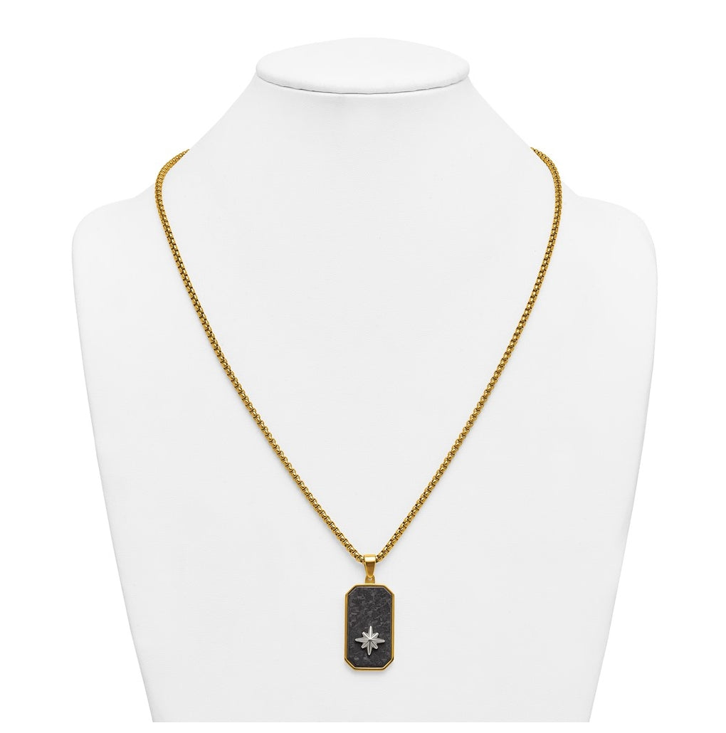 Stainless Steel Polished Yellow IP Blk CarbonFiber Inlay DogTag Necklace – Elegant Jewelry Gift for Birthday, Anniversary, Engagement, Wedding