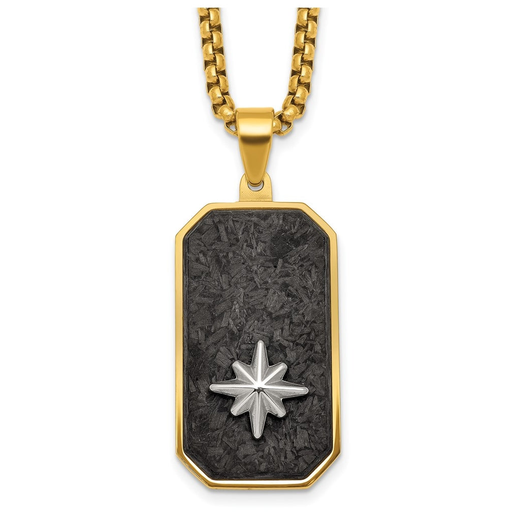 Stainless Steel Polished Yellow IP Blk CarbonFiber Inlay DogTag Necklace – Elegant Jewelry Gift for Birthday, Anniversary, Engagement, Wedding