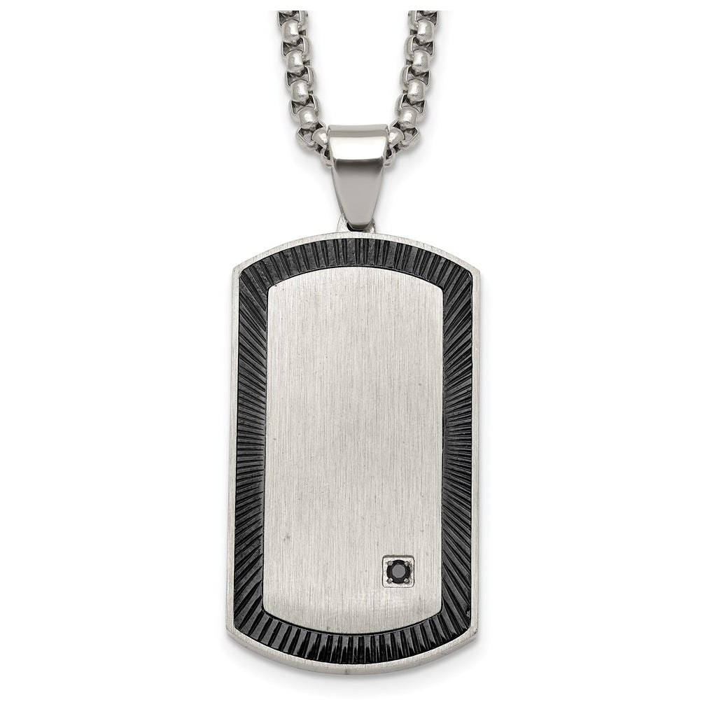 Stainless Steel Brushed & Polished Blk IP with Black Cubic Zirconia DogTag 24in Necklace – Elegant Jewelry Gift for Birthday, Anniversary, Engagement, Wedding