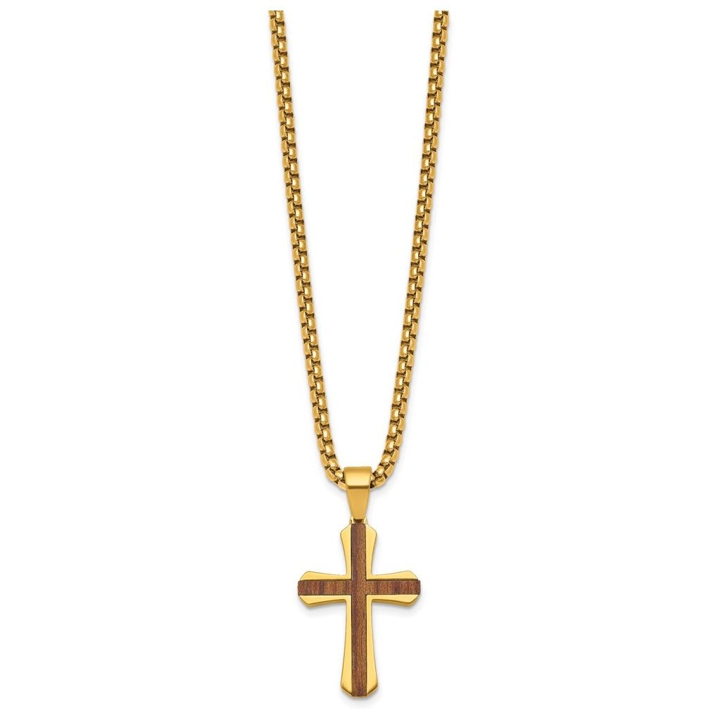 Stainless Steel Polished Yellow IP-plated Wood Inlay Cross 24in Necklace – Elegant Jewelry Gift for Birthday, Anniversary, Engagement, Wedding