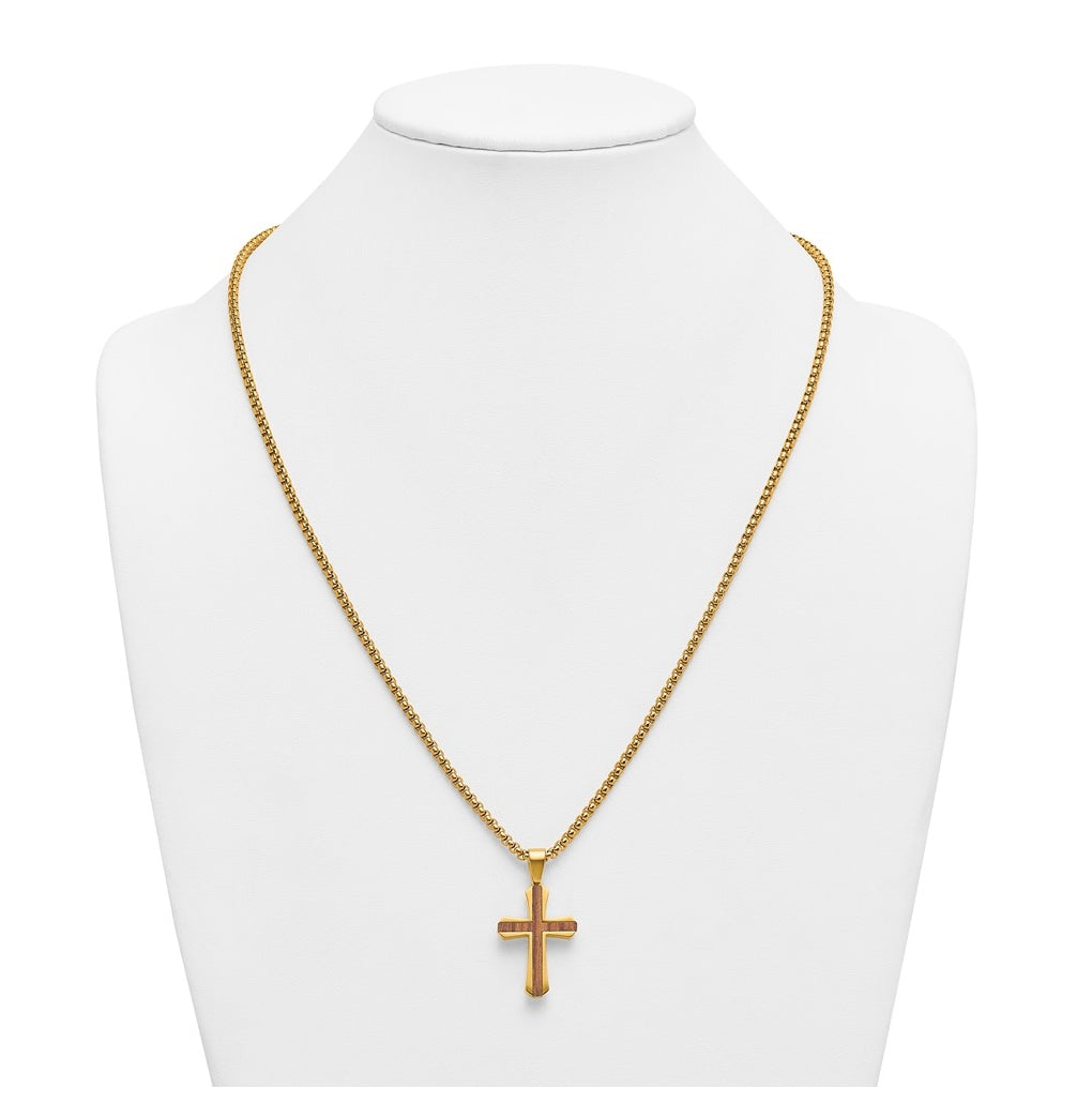 Stainless Steel Polished Yellow IP-plated Wood Inlay Cross 24in Necklace – Elegant Jewelry Gift for Birthday, Anniversary, Engagement, Wedding