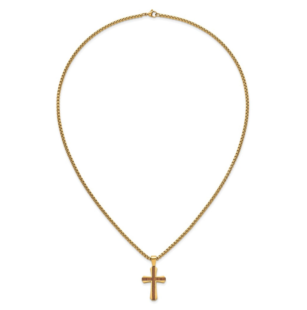 Stainless Steel Polished Yellow IP-plated Wood Inlay Cross 24in Necklace – Elegant Jewelry Gift for Birthday, Anniversary, Engagement, Wedding