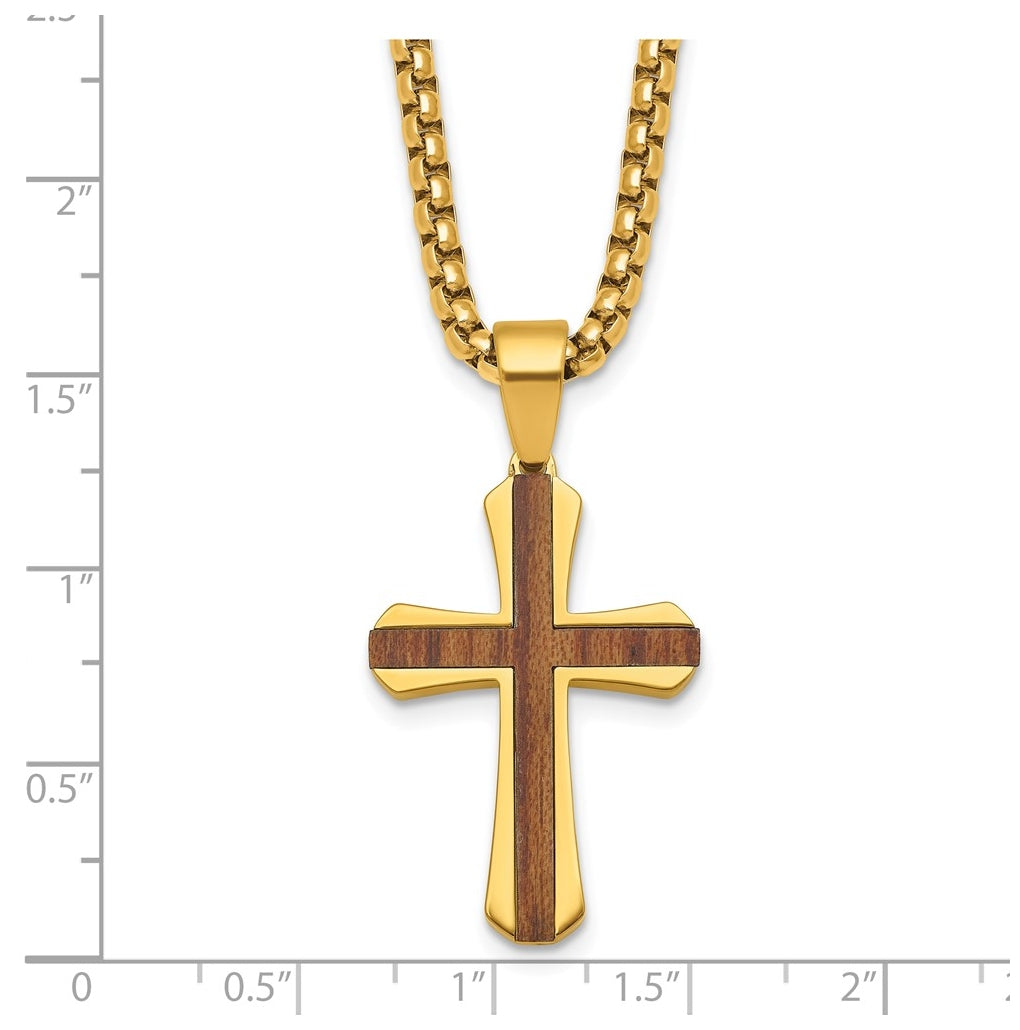 Stainless Steel Polished Yellow IP-plated Wood Inlay Cross 24in Necklace – Elegant Jewelry Gift for Birthday, Anniversary, Engagement, Wedding