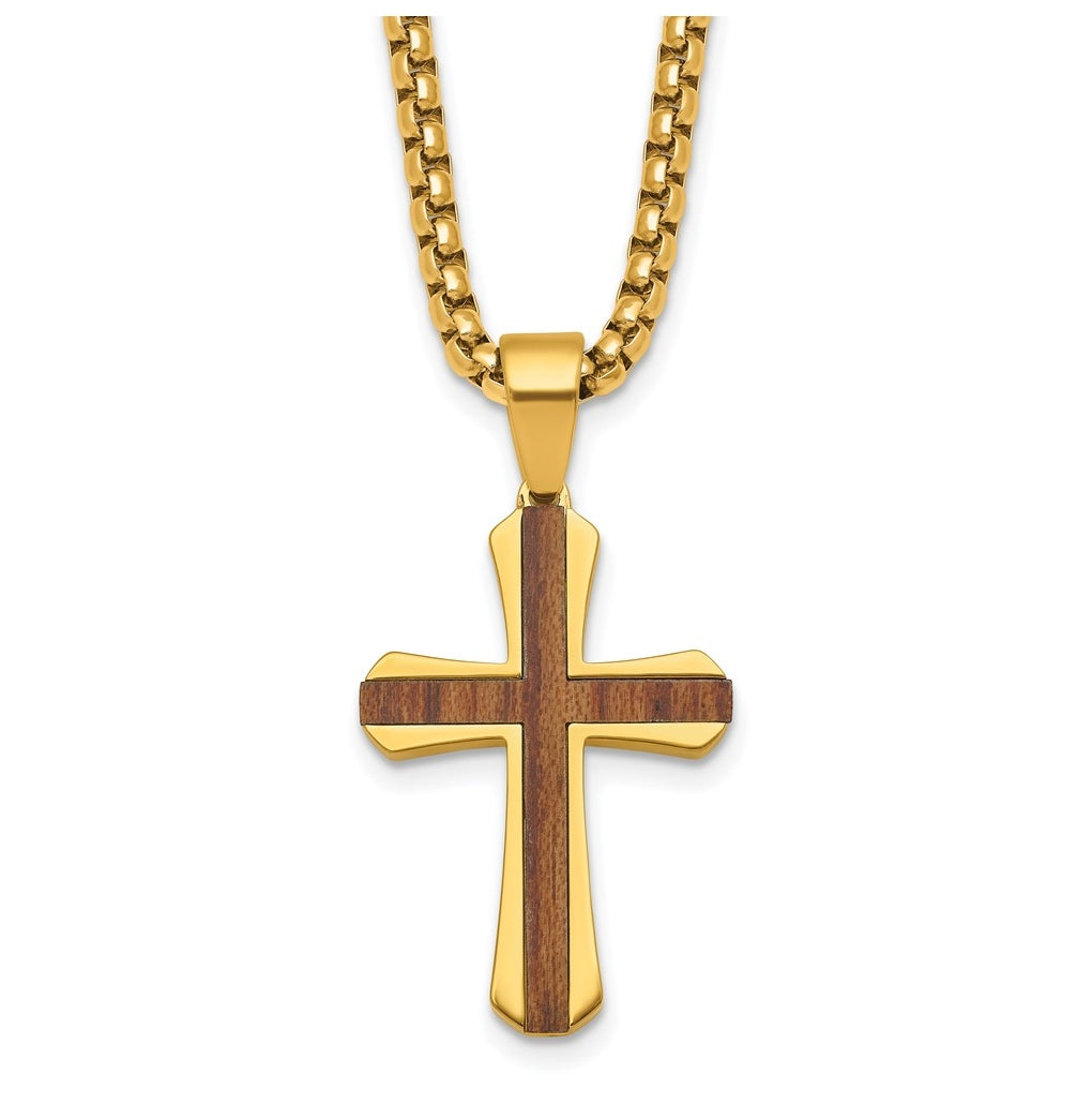 Stainless Steel Polished Yellow IP-plated Wood Inlay Cross 24in Necklace – Elegant Jewelry Gift for Birthday, Anniversary, Engagement, Wedding