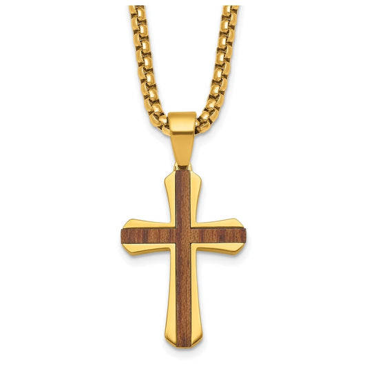 Stainless Steel Polished Yellow IP-plated Wood Inlay Cross 24in Necklace – Elegant Jewelry Gift for Birthday, Anniversary, Engagement, Wedding