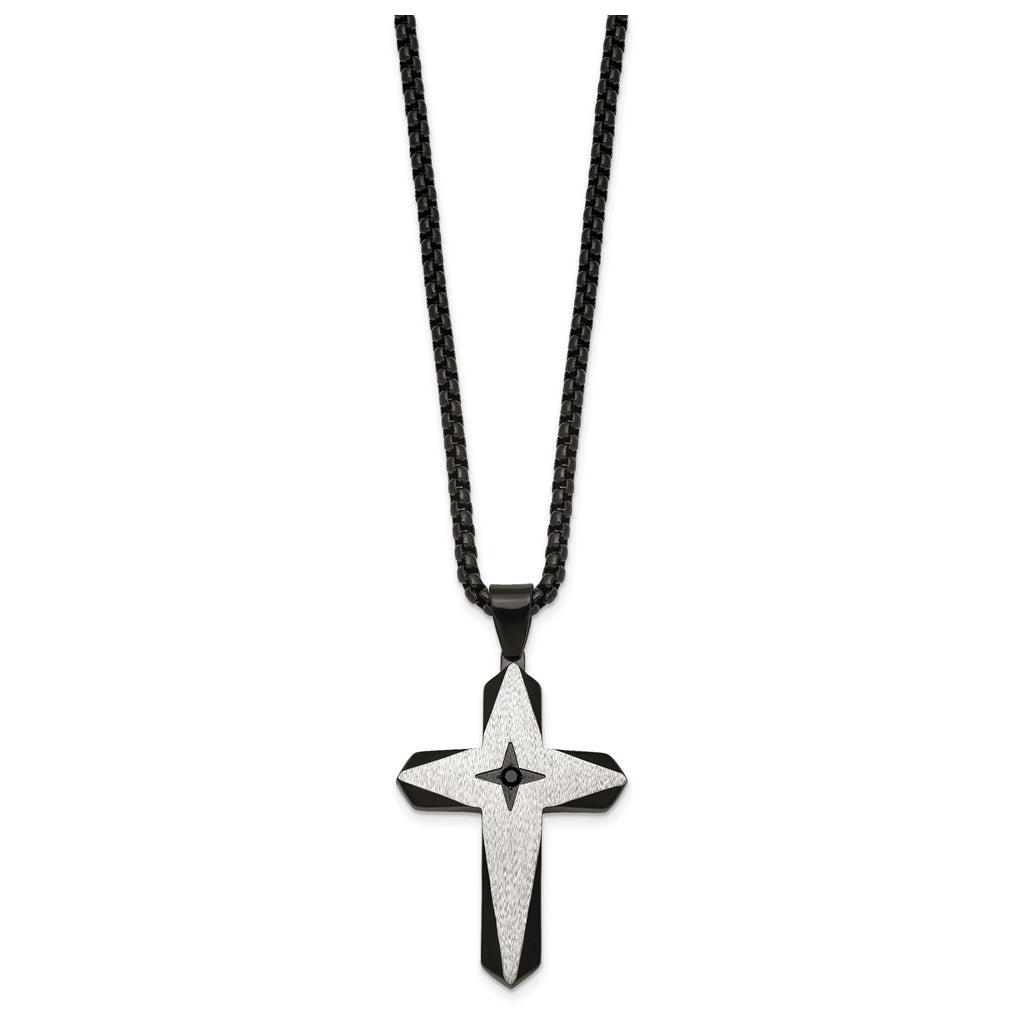 Stainless Steel Brushed & Polished Black IP Black Cubic Zirconia Cross 24in Necklace – Elegant Jewelry Gift for Birthday, Anniversary, Engagement, Wedding