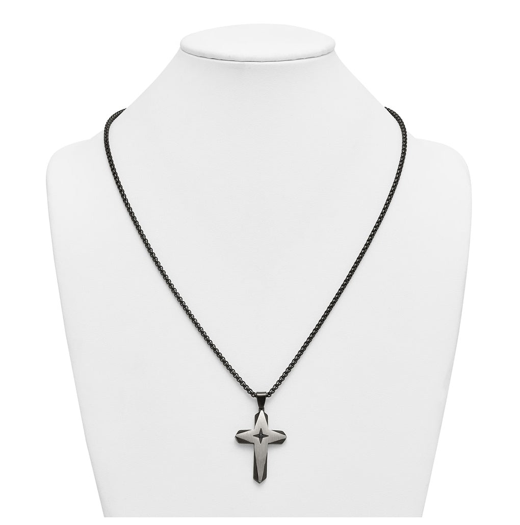 Stainless Steel Brushed & Polished Black IP Black Cubic Zirconia Cross 24in Necklace – Elegant Jewelry Gift for Birthday, Anniversary, Engagement, Wedding