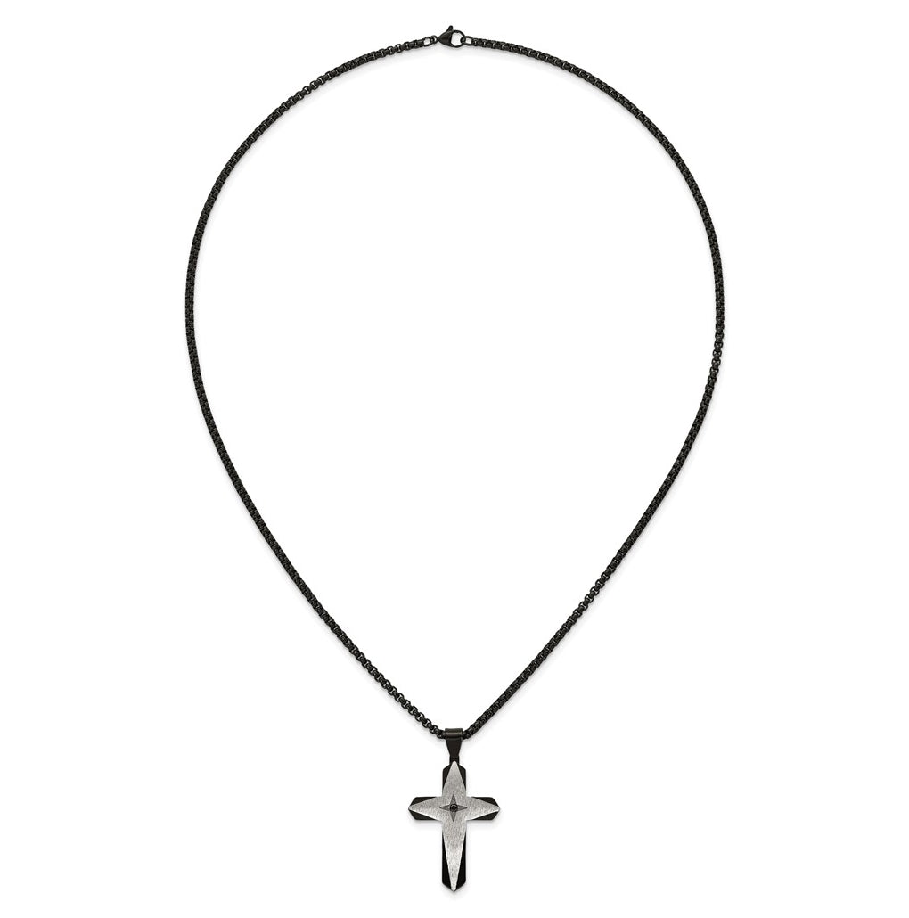 Stainless Steel Brushed & Polished Black IP Black Cubic Zirconia Cross 24in Necklace – Elegant Jewelry Gift for Birthday, Anniversary, Engagement, Wedding