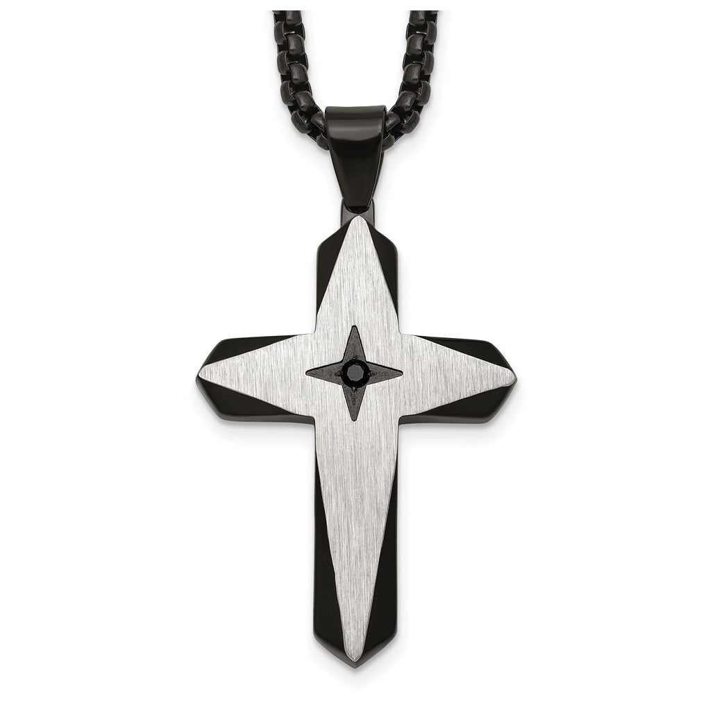 Stainless Steel Brushed & Polished Black IP Black Cubic Zirconia Cross 24in Necklace – Elegant Jewelry Gift for Birthday, Anniversary, Engagement, Wedding