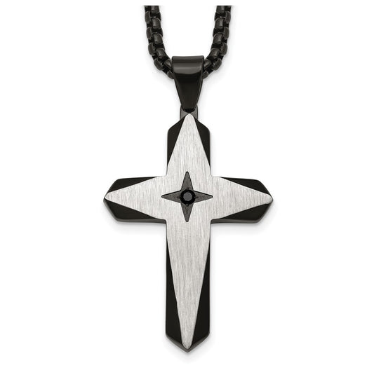 Stainless Steel Brushed & Polished Black IP Black Cubic Zirconia Cross 24in Necklace – Elegant Jewelry Gift for Birthday, Anniversary, Engagement, Wedding