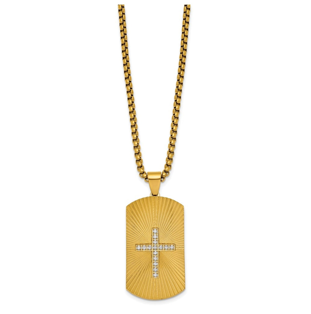Stainless Steel Brushed/Polished/Textured Yellow IP Cubic Zirconia Cross DogTag Necklace – Elegant Jewelry Gift for Birthday, Anniversary, Engagement, Wedding