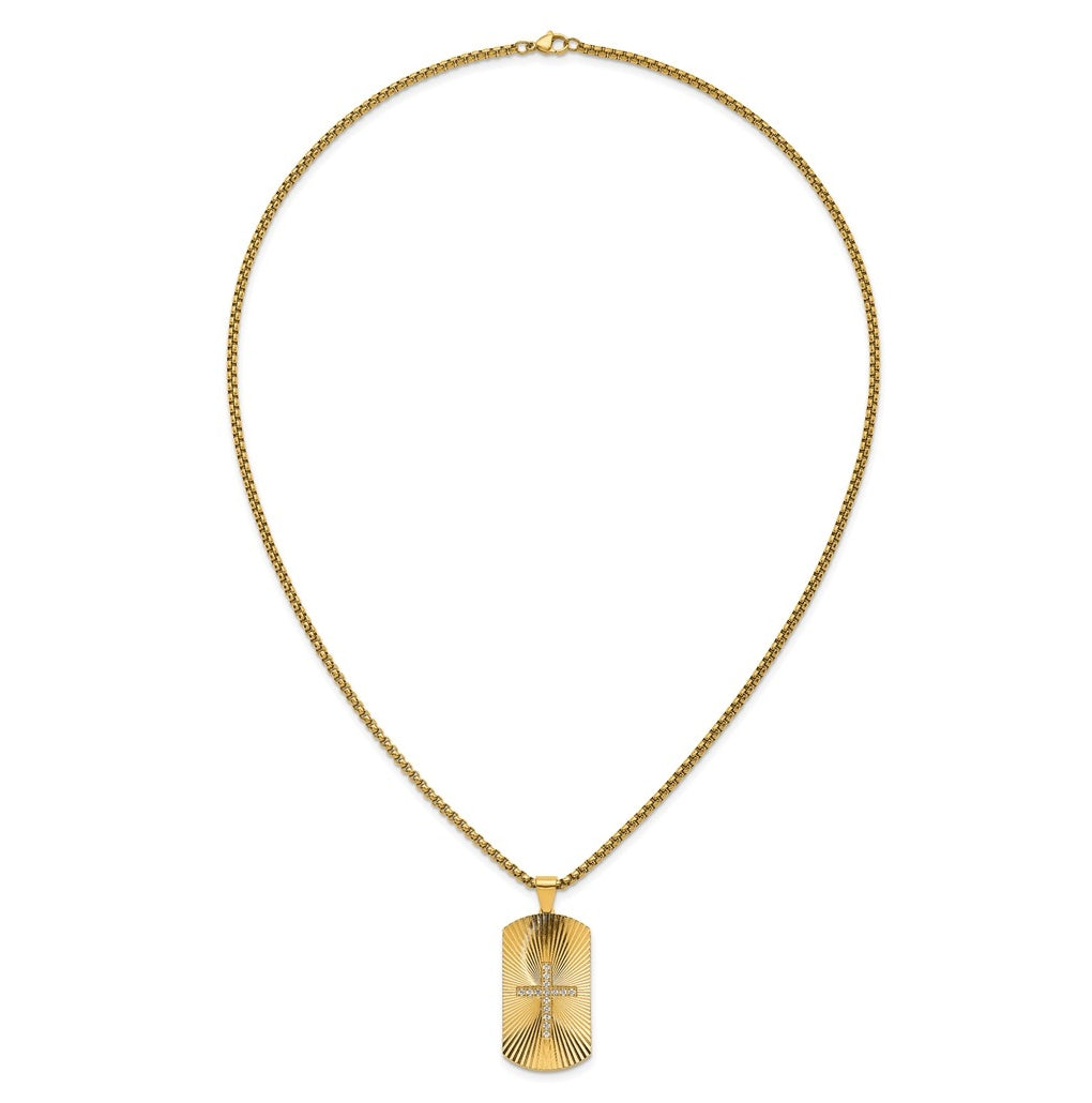 Stainless Steel Brushed/Polished/Textured Yellow IP Cubic Zirconia Cross DogTag Necklace – Elegant Jewelry Gift for Birthday, Anniversary, Engagement, Wedding