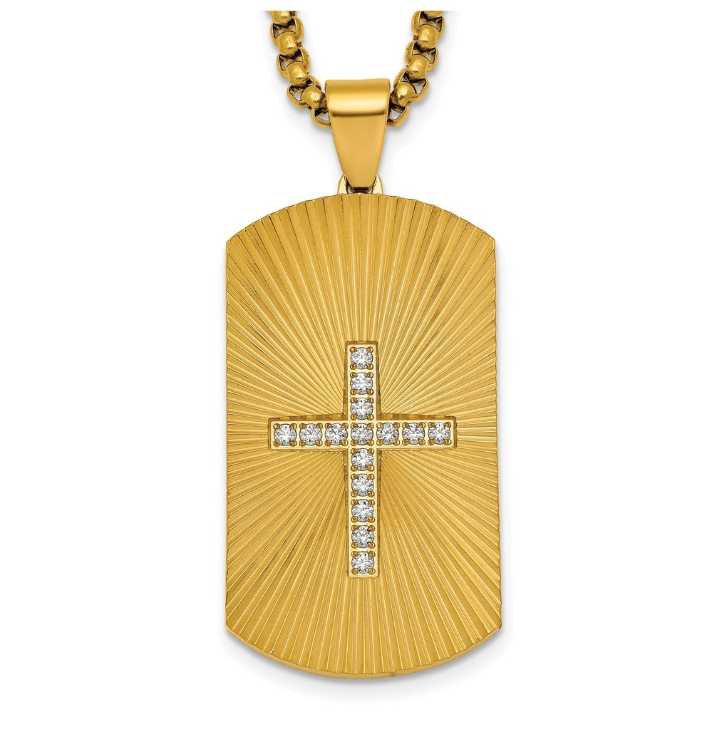Stainless Steel Brushed/Polished/Textured Yellow IP Cubic Zirconia Cross DogTag Necklace – Elegant Jewelry Gift for Birthday, Anniversary, Engagement, Wedding