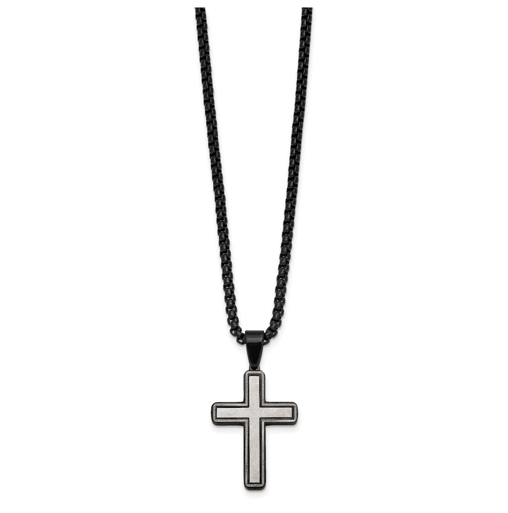 Stainless Steel Brushed and Polished Black IP-plated Cross 24in Necklace – Elegant Jewelry Gift for Birthday, Anniversary, Engagement, Wedding