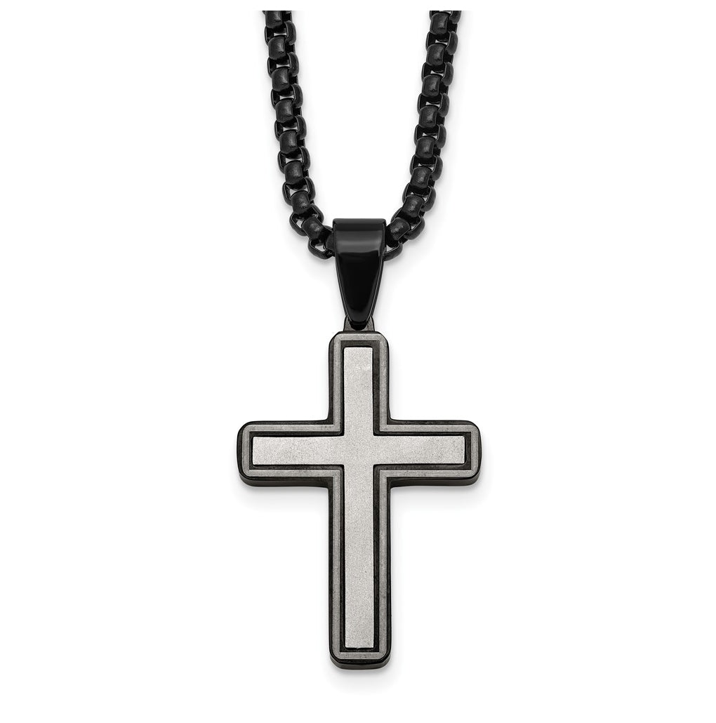 Stainless Steel Brushed and Polished Black IP-plated Cross 24in Necklace – Elegant Jewelry Gift for Birthday, Anniversary, Engagement, Wedding