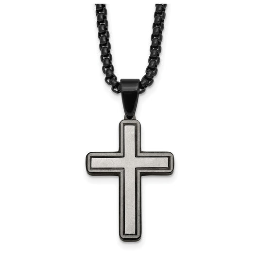 Stainless Steel Brushed and Polished Black IP-plated Cross 24in Necklace – Elegant Jewelry Gift for Birthday, Anniversary, Engagement, Wedding