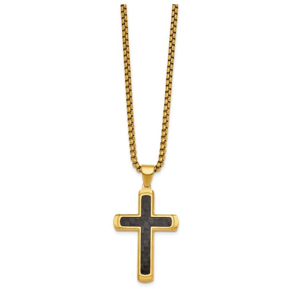 Stainless Steel Brushed/Polished Yellow IP CarbonFiber Inlay Cross Necklace – Elegant Jewelry Gift for Birthday, Anniversary, Engagement, Wedding