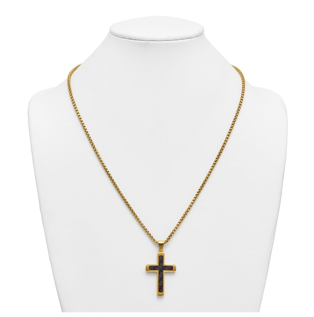 Stainless Steel Brushed/Polished Yellow IP CarbonFiber Inlay Cross Necklace – Elegant Jewelry Gift for Birthday, Anniversary, Engagement, Wedding