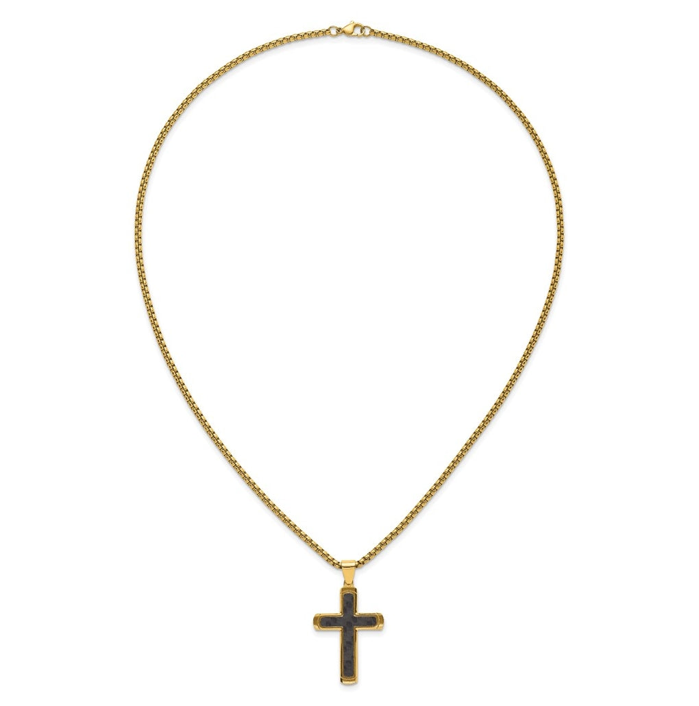 Stainless Steel Brushed/Polished Yellow IP CarbonFiber Inlay Cross Necklace – Elegant Jewelry Gift for Birthday, Anniversary, Engagement, Wedding
