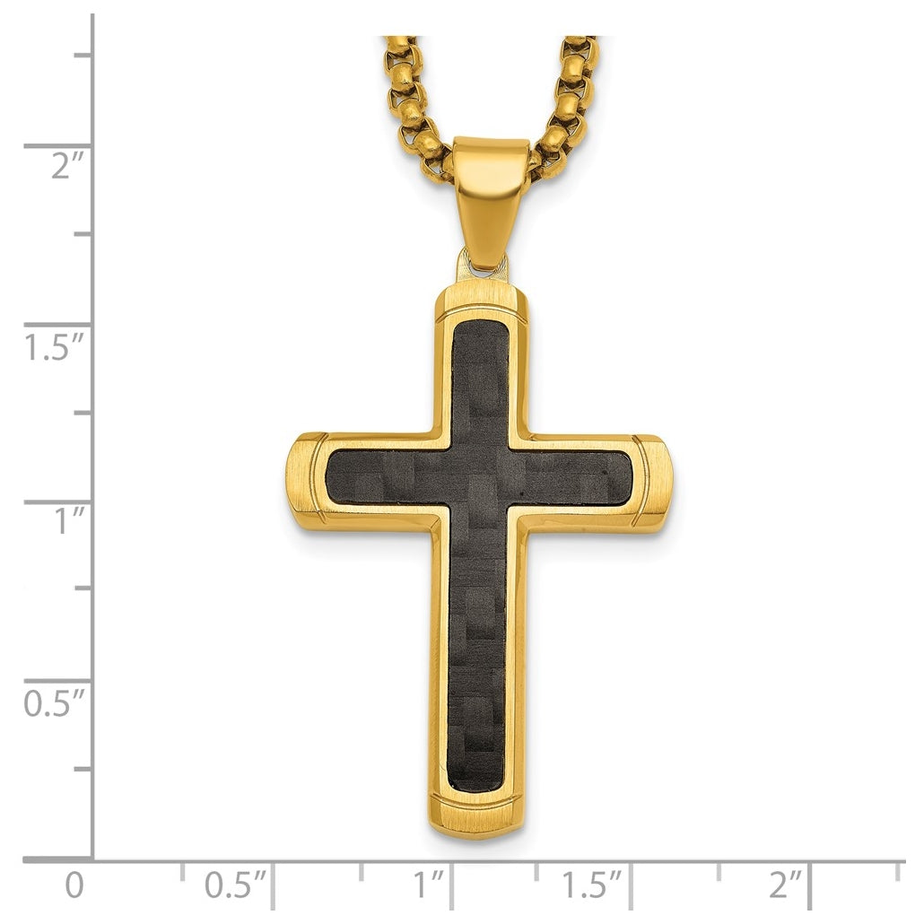 Stainless Steel Brushed/Polished Yellow IP CarbonFiber Inlay Cross Necklace – Elegant Jewelry Gift for Birthday, Anniversary, Engagement, Wedding