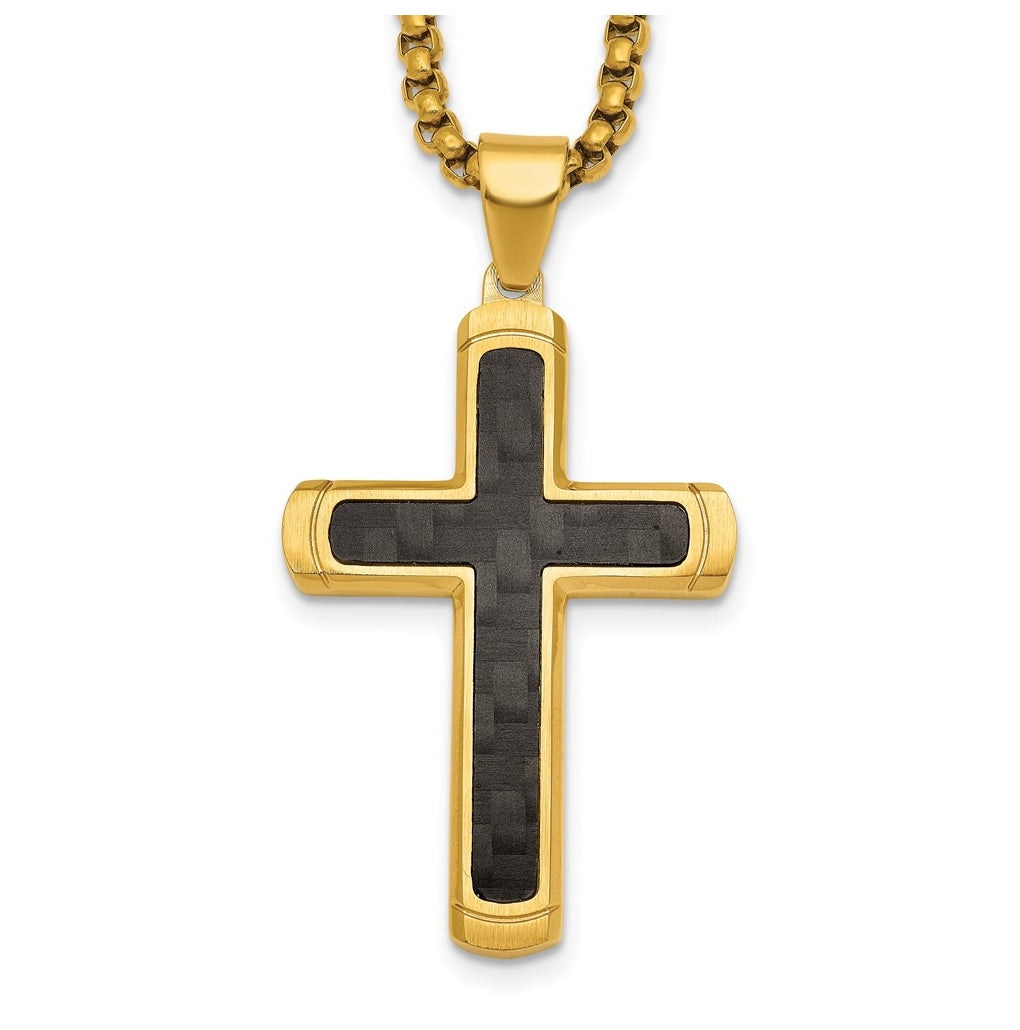 Stainless Steel Brushed/Polished Yellow IP CarbonFiber Inlay Cross Necklace – Elegant Jewelry Gift for Birthday, Anniversary, Engagement, Wedding