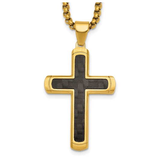 Stainless Steel Brushed/Polished Yellow IP CarbonFiber Inlay Cross Necklace – Elegant Jewelry Gift for Birthday, Anniversary, Engagement, Wedding