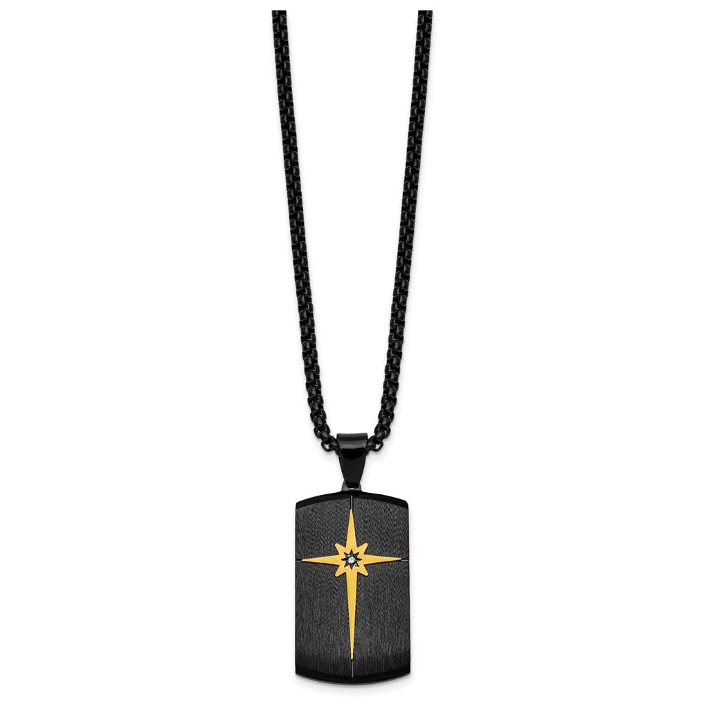 Stainless Steel Brushed and Polished Blk/Yellow IP with Cubic Zirconia Dog Tag Necklace – Elegant Jewelry Gift for Birthday, Anniversary, Engagement, Wedding