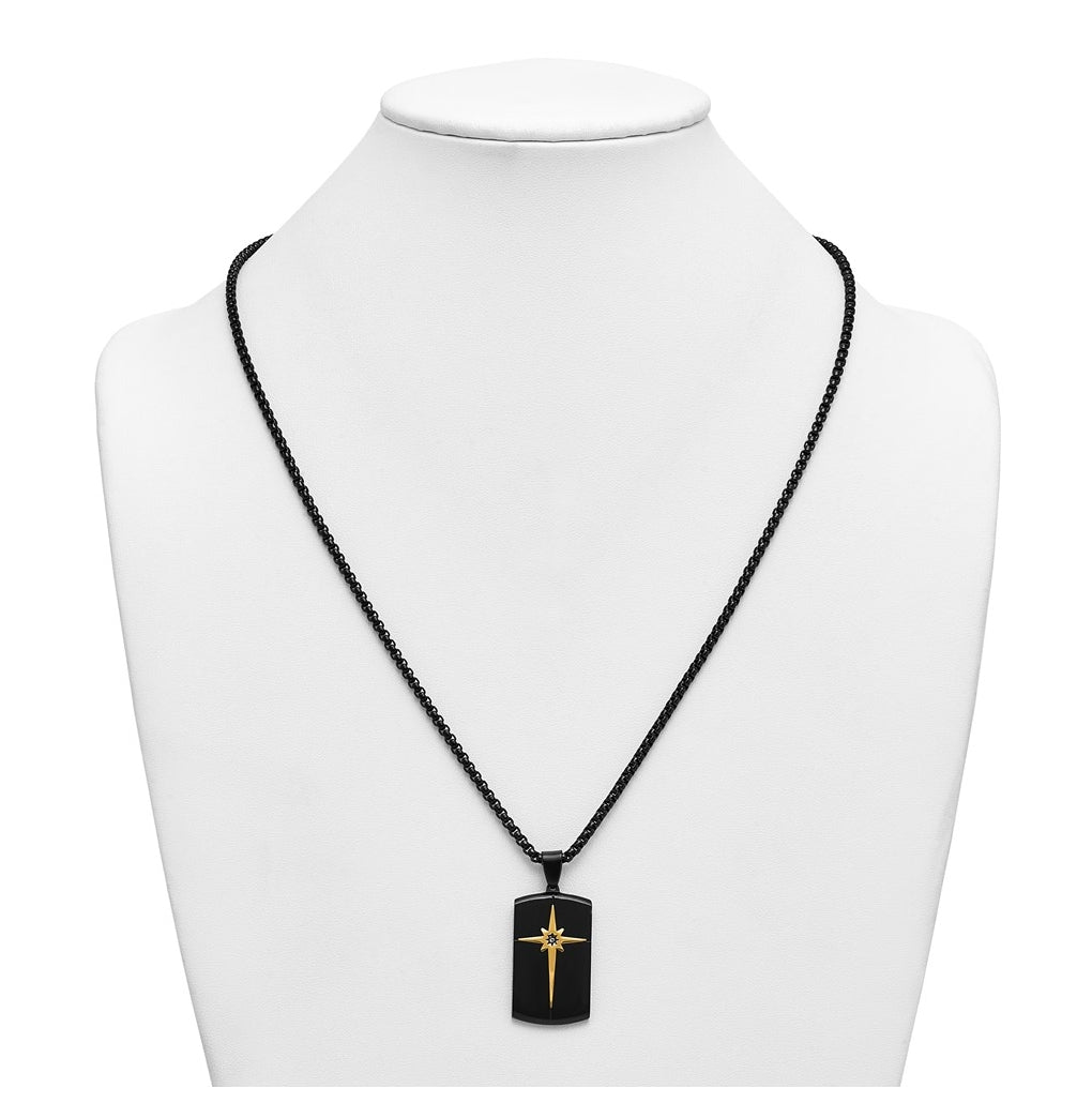 Stainless Steel Brushed and Polished Blk/Yellow IP with Cubic Zirconia Dog Tag Necklace – Elegant Jewelry Gift for Birthday, Anniversary, Engagement, Wedding