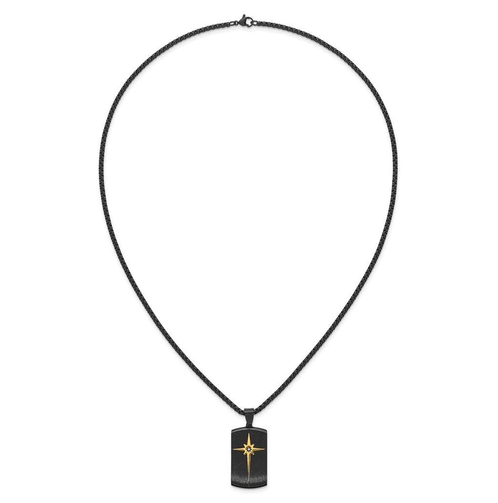Stainless Steel Brushed and Polished Blk/Yellow IP with Cubic Zirconia Dog Tag Necklace – Elegant Jewelry Gift for Birthday, Anniversary, Engagement, Wedding