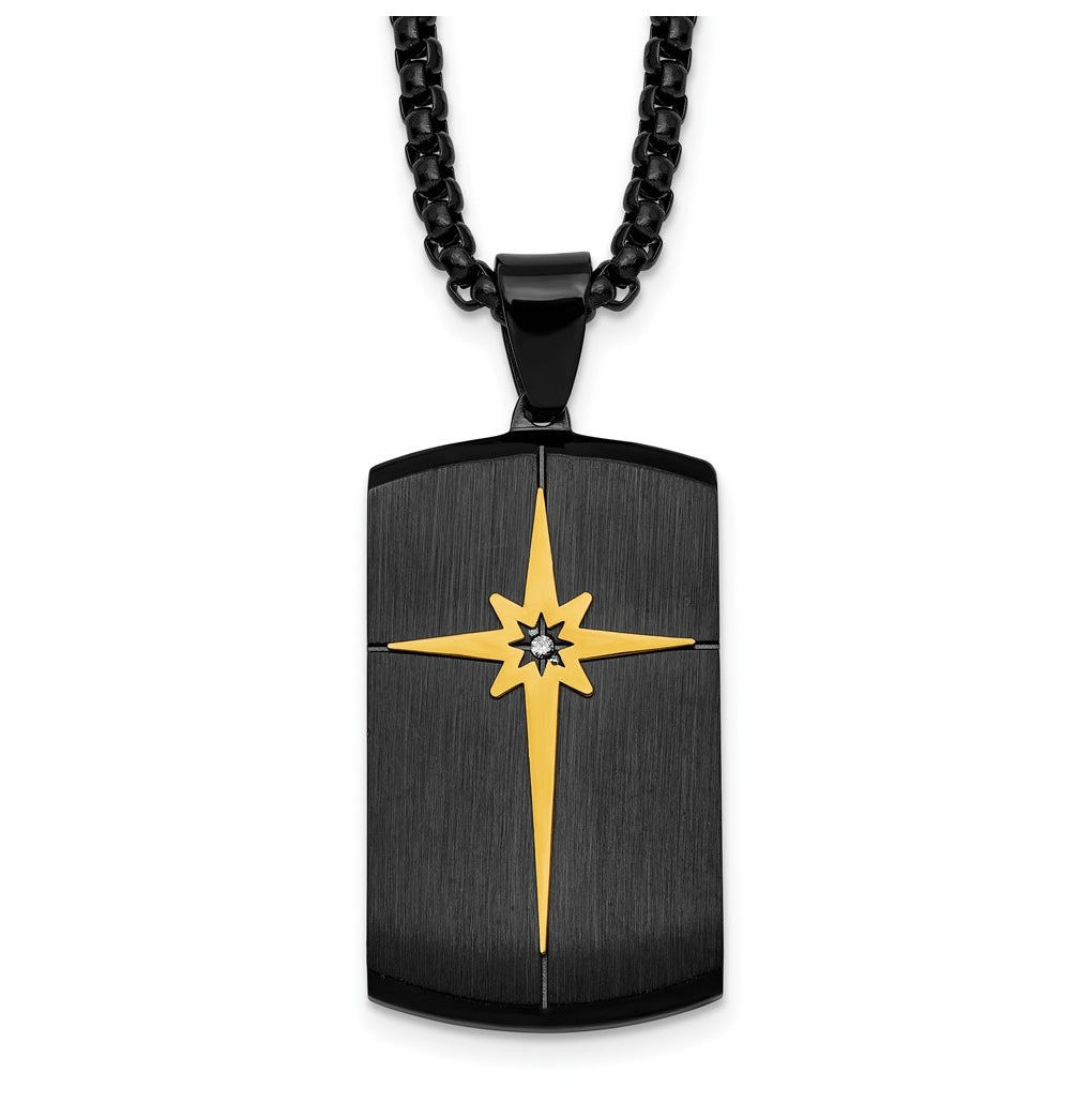 Stainless Steel Brushed and Polished Blk/Yellow IP with Cubic Zirconia Dog Tag Necklace – Elegant Jewelry Gift for Birthday, Anniversary, Engagement, Wedding