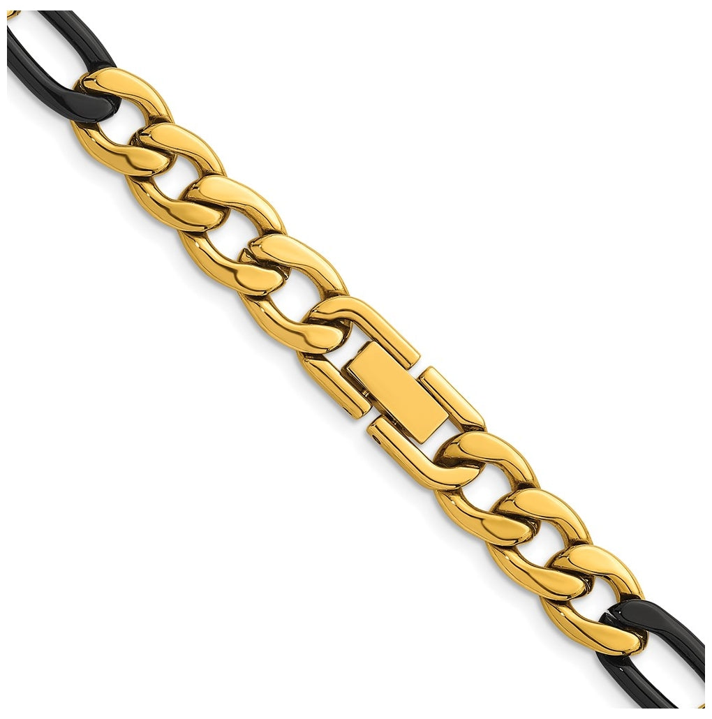 Stainless Steel Polished Yellowith Black IP-plated 9mm Figaro 24in Necklace – Elegant Jewelry Gift for Birthday, Anniversary, Engagement, Wedding
