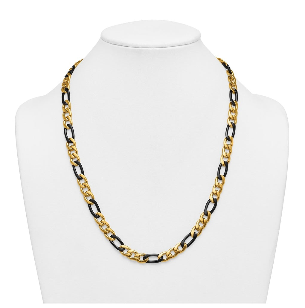 Stainless Steel Polished Yellowith Black IP-plated 9mm Figaro 24in Necklace – Elegant Jewelry Gift for Birthday, Anniversary, Engagement, Wedding