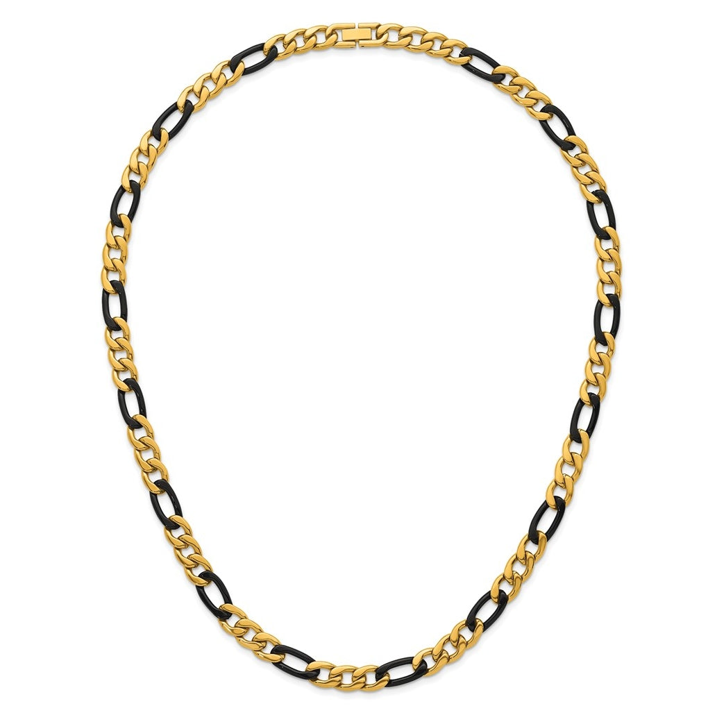 Stainless Steel Polished Yellowith Black IP-plated 9mm Figaro 24in Necklace – Elegant Jewelry Gift for Birthday, Anniversary, Engagement, Wedding