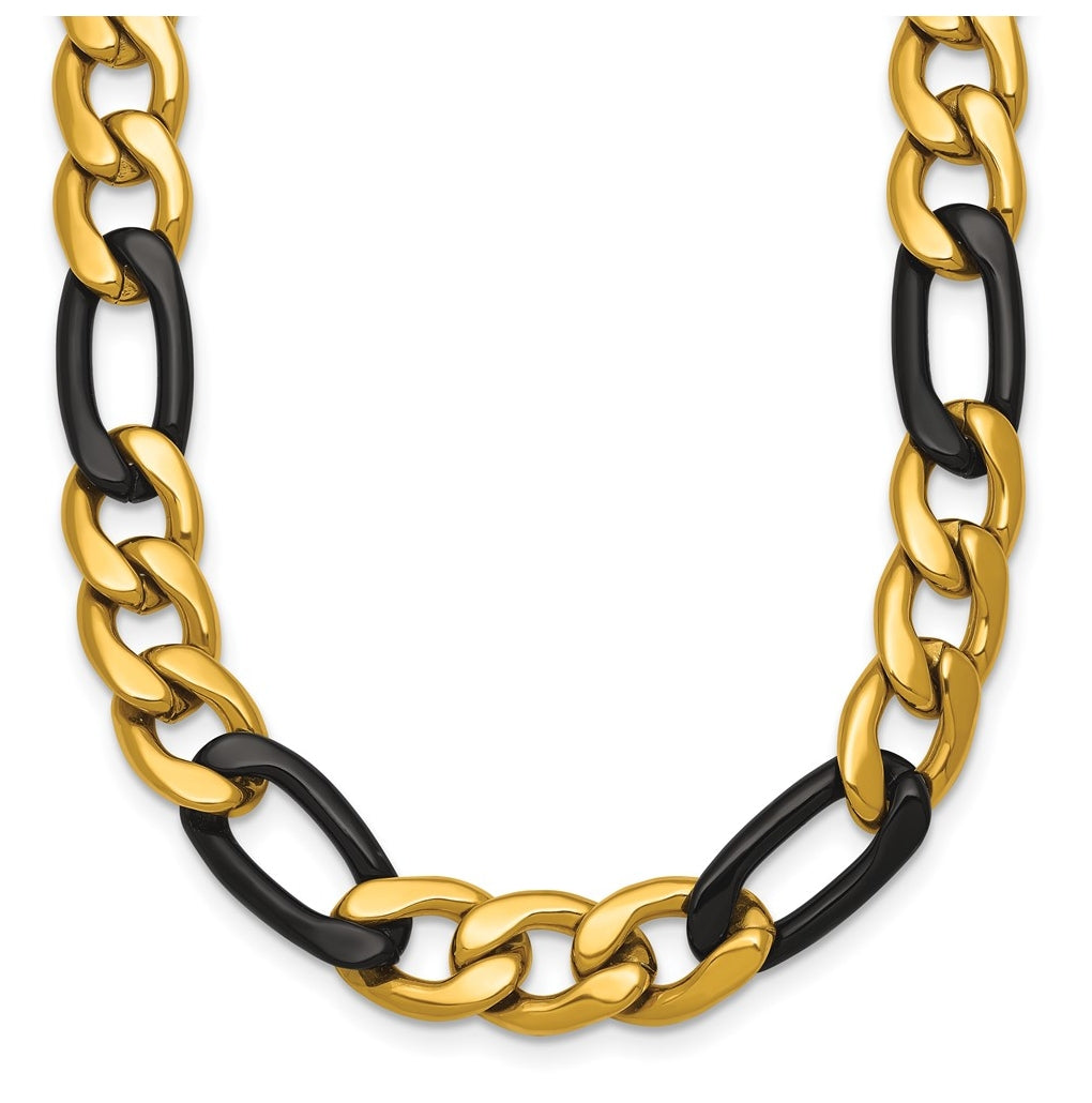 Stainless Steel Polished Yellowith Black IP-plated 9mm Figaro 24in Necklace – Elegant Jewelry Gift for Birthday, Anniversary, Engagement, Wedding