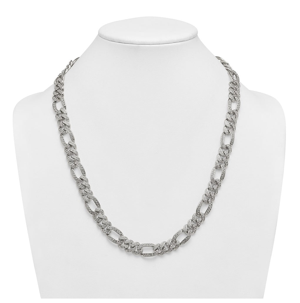 Stainless Steel Polished 12mm Full Crystal Figaro Link 24in Necklace – Elegant Jewelry Gift for Birthday, Anniversary, Engagement, Wedding