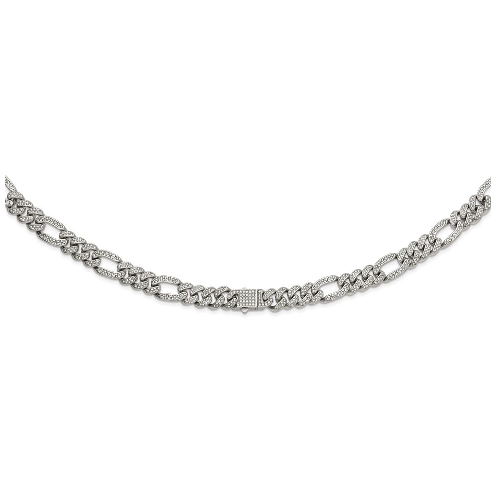 Stainless Steel Polished 12mm Full Crystal Figaro Link 24in Necklace – Elegant Jewelry Gift for Birthday, Anniversary, Engagement, Wedding