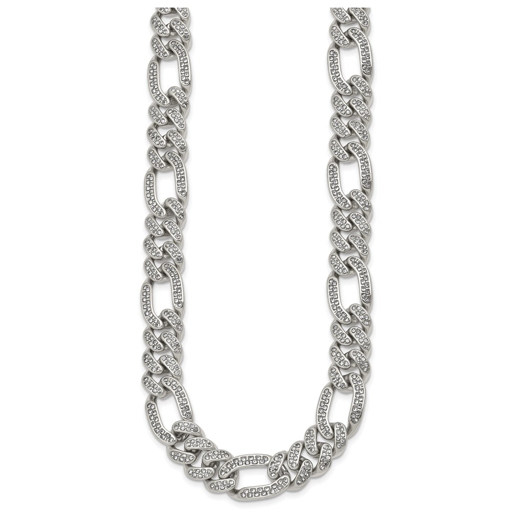 Stainless Steel Polished 12mm Full Crystal Figaro Link 24in Necklace – Elegant Jewelry Gift for Birthday, Anniversary, Engagement, Wedding