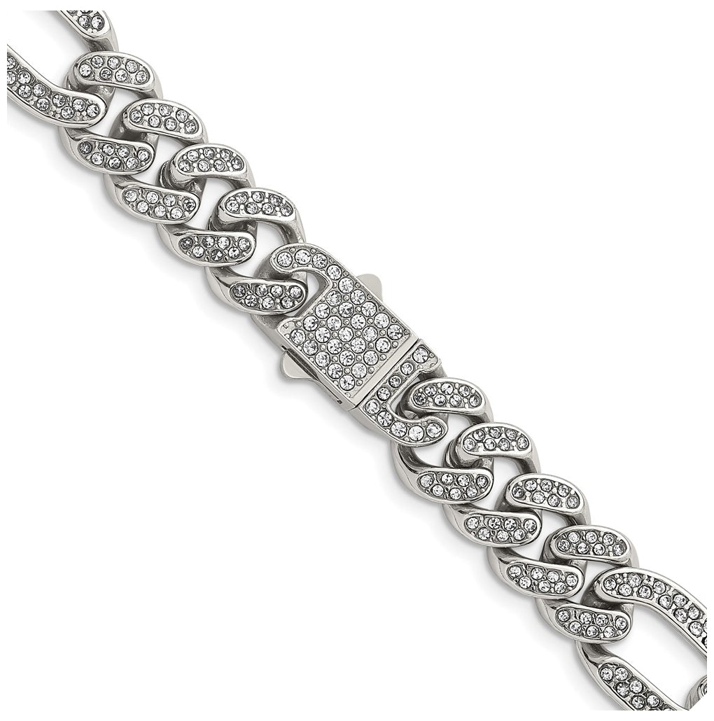 Stainless Steel Polished 12mm Full Crystal Figaro Link 24in Necklace – Elegant Jewelry Gift for Birthday, Anniversary, Engagement, Wedding