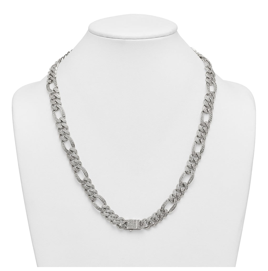 Stainless Steel Polished 12mm Full Crystal Figaro Link 24in Necklace – Elegant Jewelry Gift for Birthday, Anniversary, Engagement, Wedding