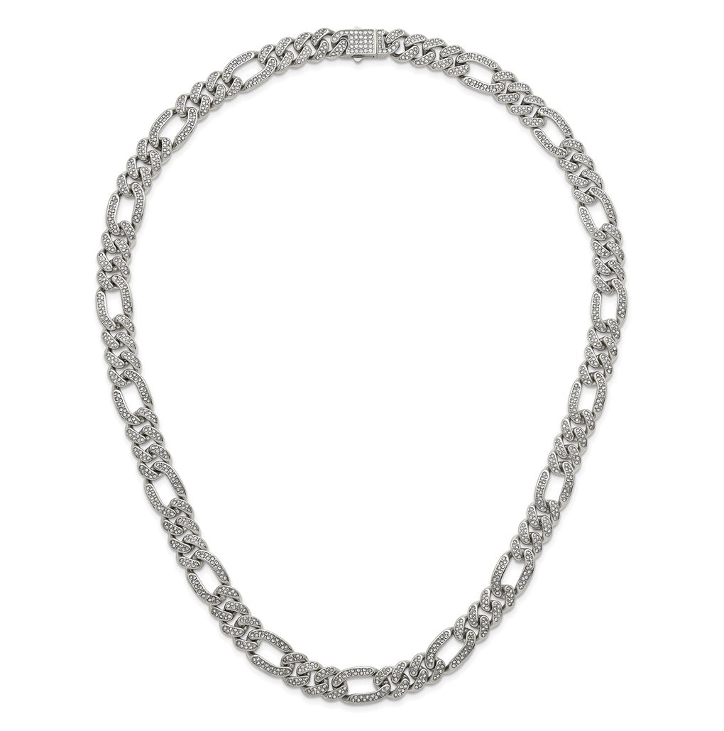 Stainless Steel Polished 12mm Full Crystal Figaro Link 24in Necklace – Elegant Jewelry Gift for Birthday, Anniversary, Engagement, Wedding