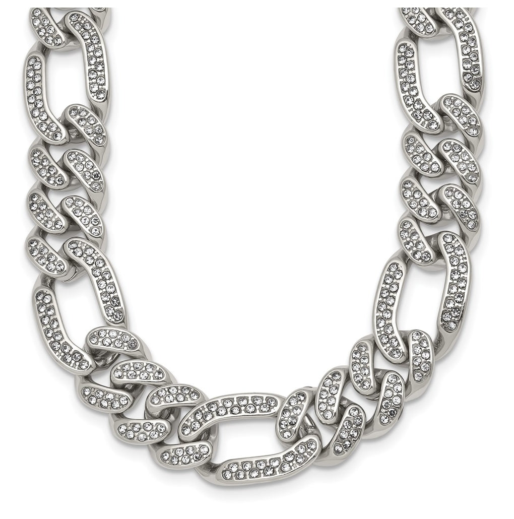 Stainless Steel Polished 12mm Full Crystal Figaro Link 24in Necklace – Elegant Jewelry Gift for Birthday, Anniversary, Engagement, Wedding