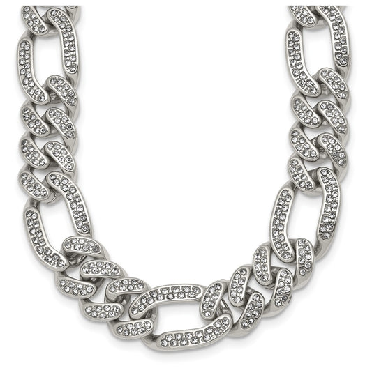 Stainless Steel Polished 12mm Full Crystal Figaro Link 24in Necklace – Elegant Jewelry Gift for Birthday, Anniversary, Engagement, Wedding