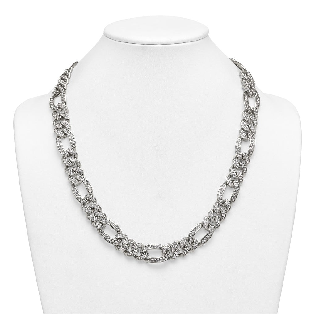 Stainless Steel Polished 16mm Full Crystal Figaro Link 23.5in Necklace – Elegant Jewelry Gift for Birthday, Anniversary, Engagement, Wedding