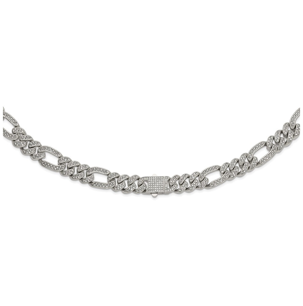 Stainless Steel Polished 16mm Full Crystal Figaro Link 23.5in Necklace – Elegant Jewelry Gift for Birthday, Anniversary, Engagement, Wedding