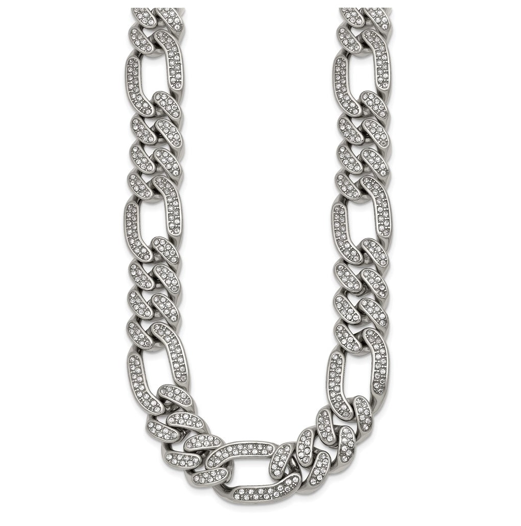 Stainless Steel Polished 16mm Full Crystal Figaro Link 23.5in Necklace – Elegant Jewelry Gift for Birthday, Anniversary, Engagement, Wedding