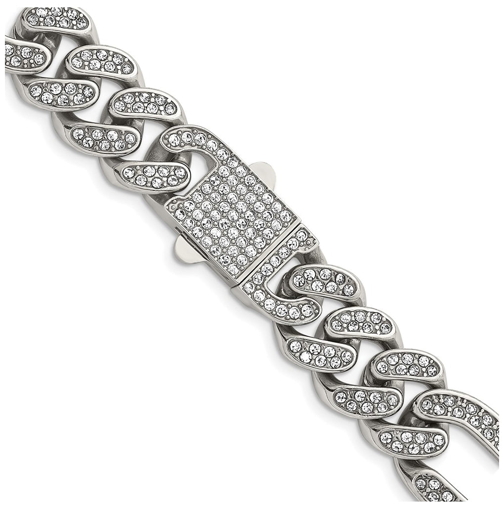 Stainless Steel Polished 16mm Full Crystal Figaro Link 23.5in Necklace – Elegant Jewelry Gift for Birthday, Anniversary, Engagement, Wedding