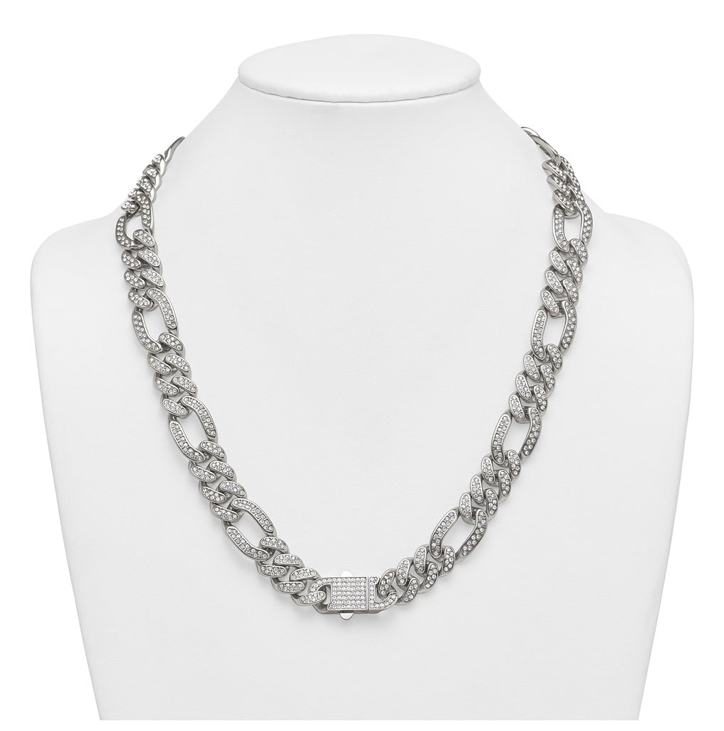 Stainless Steel Polished 16mm Full Crystal Figaro Link 23.5in Necklace – Elegant Jewelry Gift for Birthday, Anniversary, Engagement, Wedding
